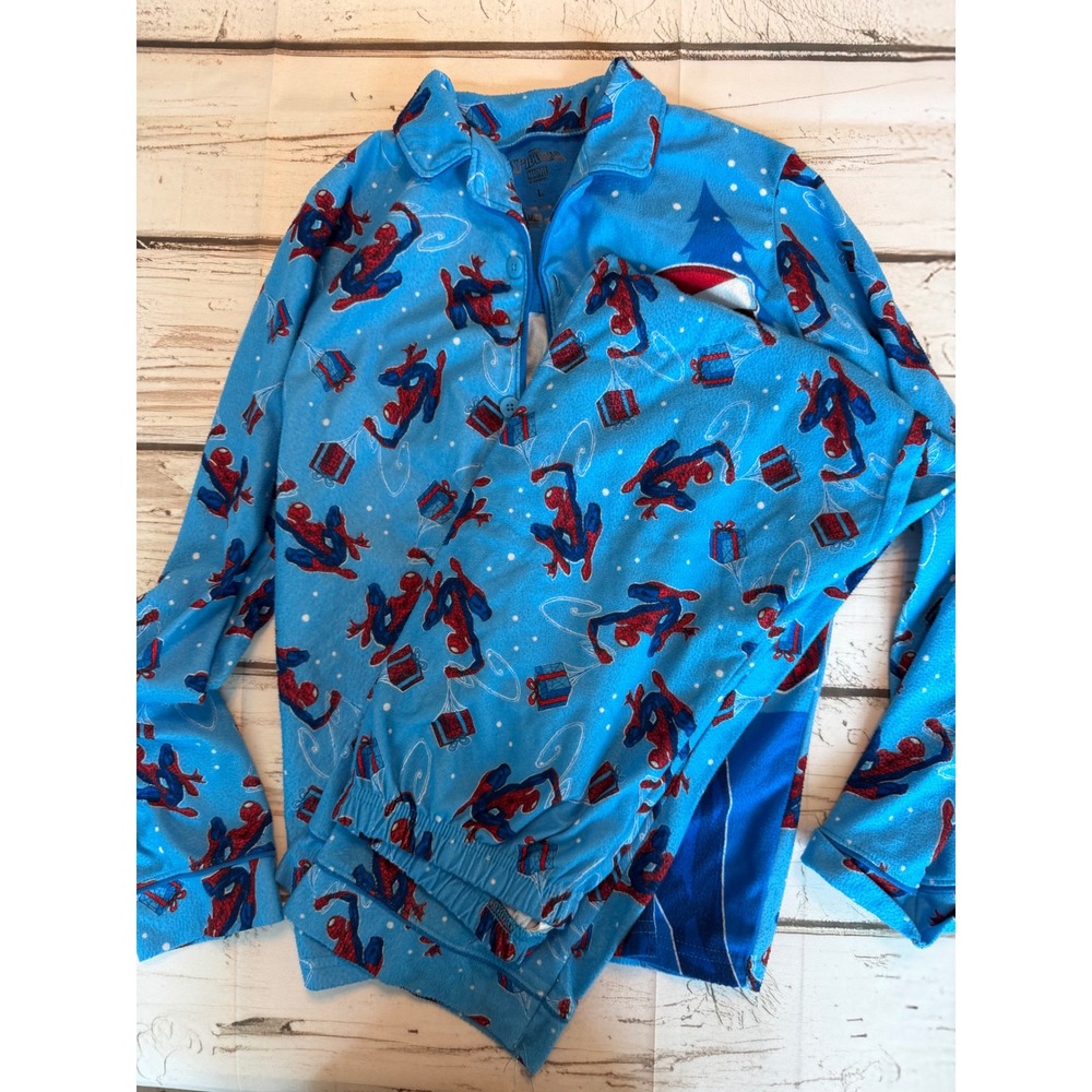 Marvel Spider-Man Boys Pajama Set Blue Holiday Fleece 2pc PJs Large 10-12 AME